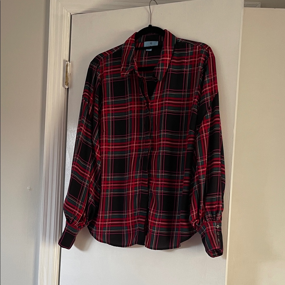 CeCe Red and Black Plaid Blouse